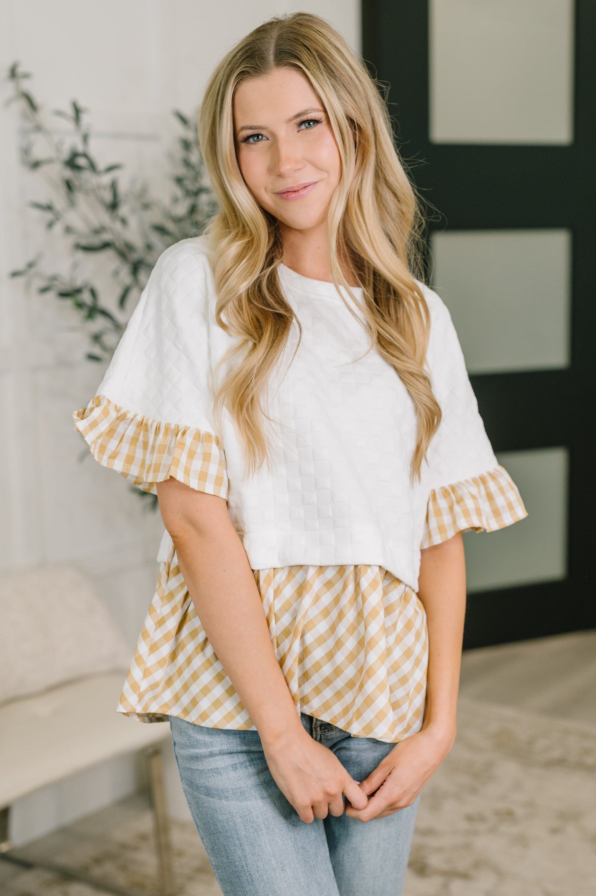 Gingham print top, ruffle sleeve blouse, dolman sleeve top, women's knit top, poplin contrast top, feminine casual wear, boutique fashion, yellow gingham shirt.