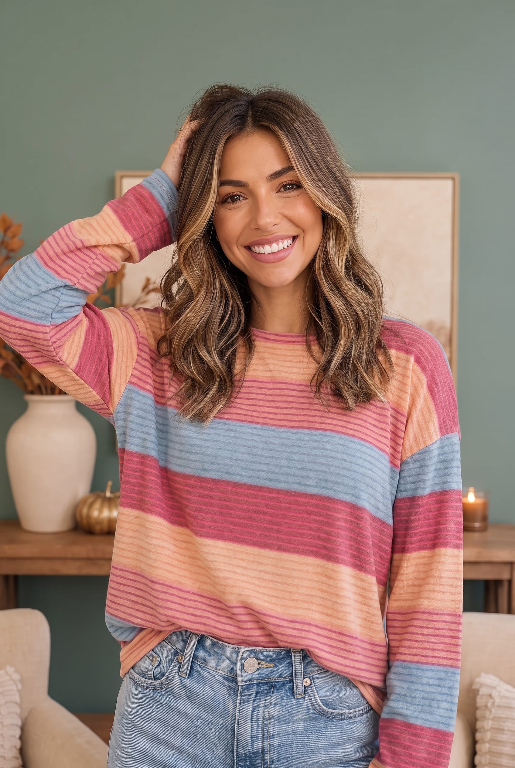 Ribbed knit top, color block sweater, striped long sleeve, women's casual tops, magenta and peach stripe shirt, relaxed fit knitwear, soft loungewear top.