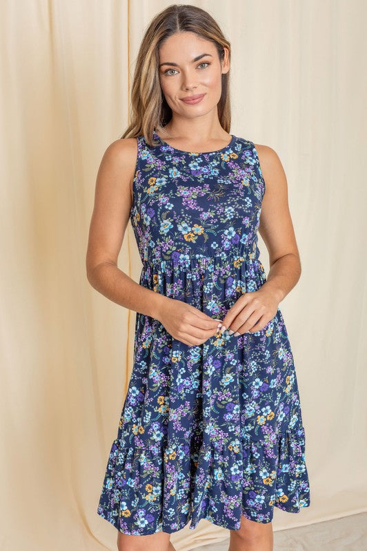 sleeveless floral dress, botanical tiered dress, made in USA sundress, summer midi dress, floral print tiered dress, blue floral dress, casual summer fashion