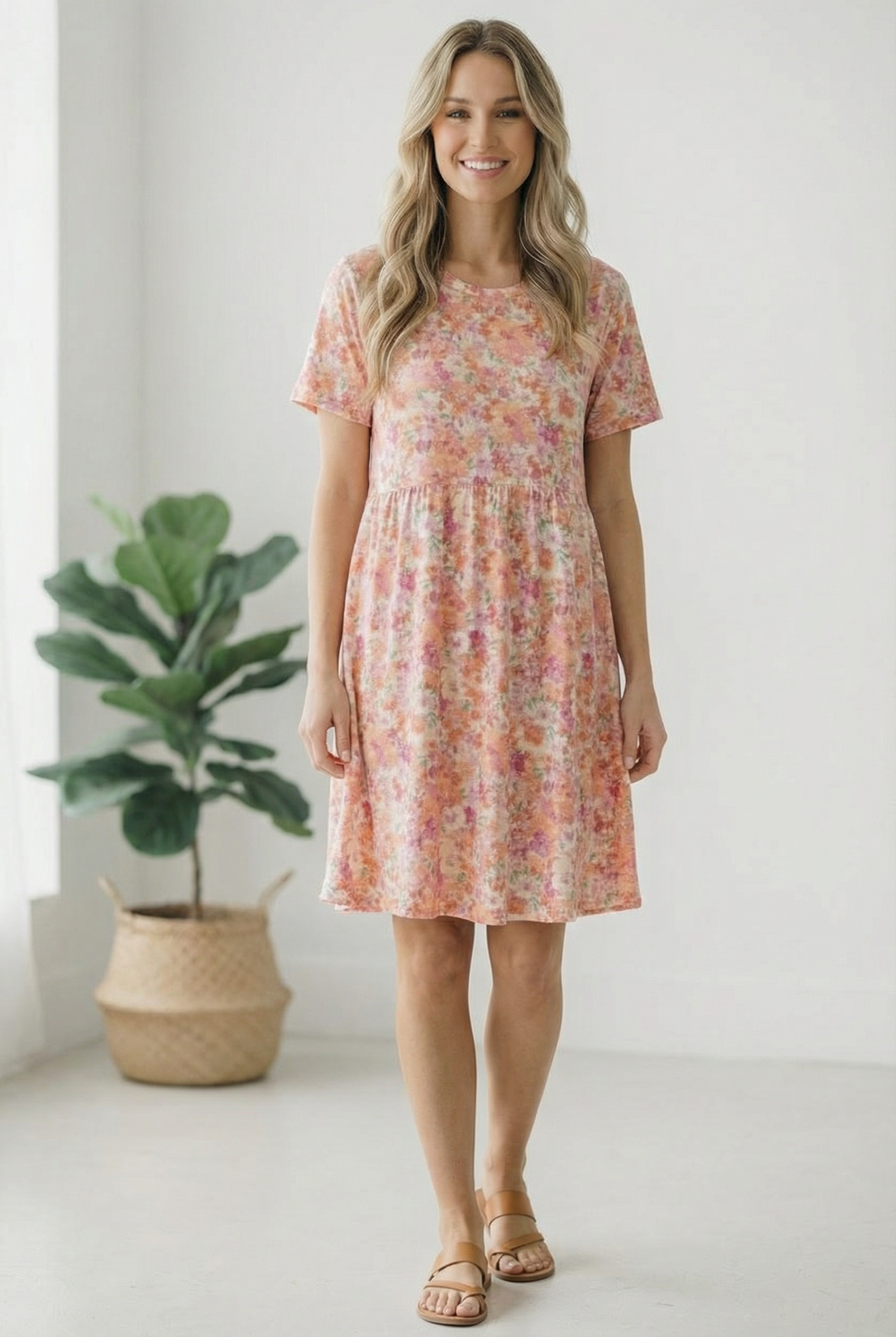 floral babydoll dress, knit dress with pockets, summer floral dress, casual knee length dress, women's fit and flare dress, stretchy floral dress, everyday spring fashion, brunch outfits