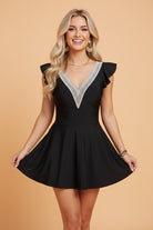 Swim dress, tummy control swimwear, one piece swim dress, lace trim swimsuit, ruffle sleeve swimwear, slimming modest swimsuit, V-neck swim dress, women's modest swimwear.