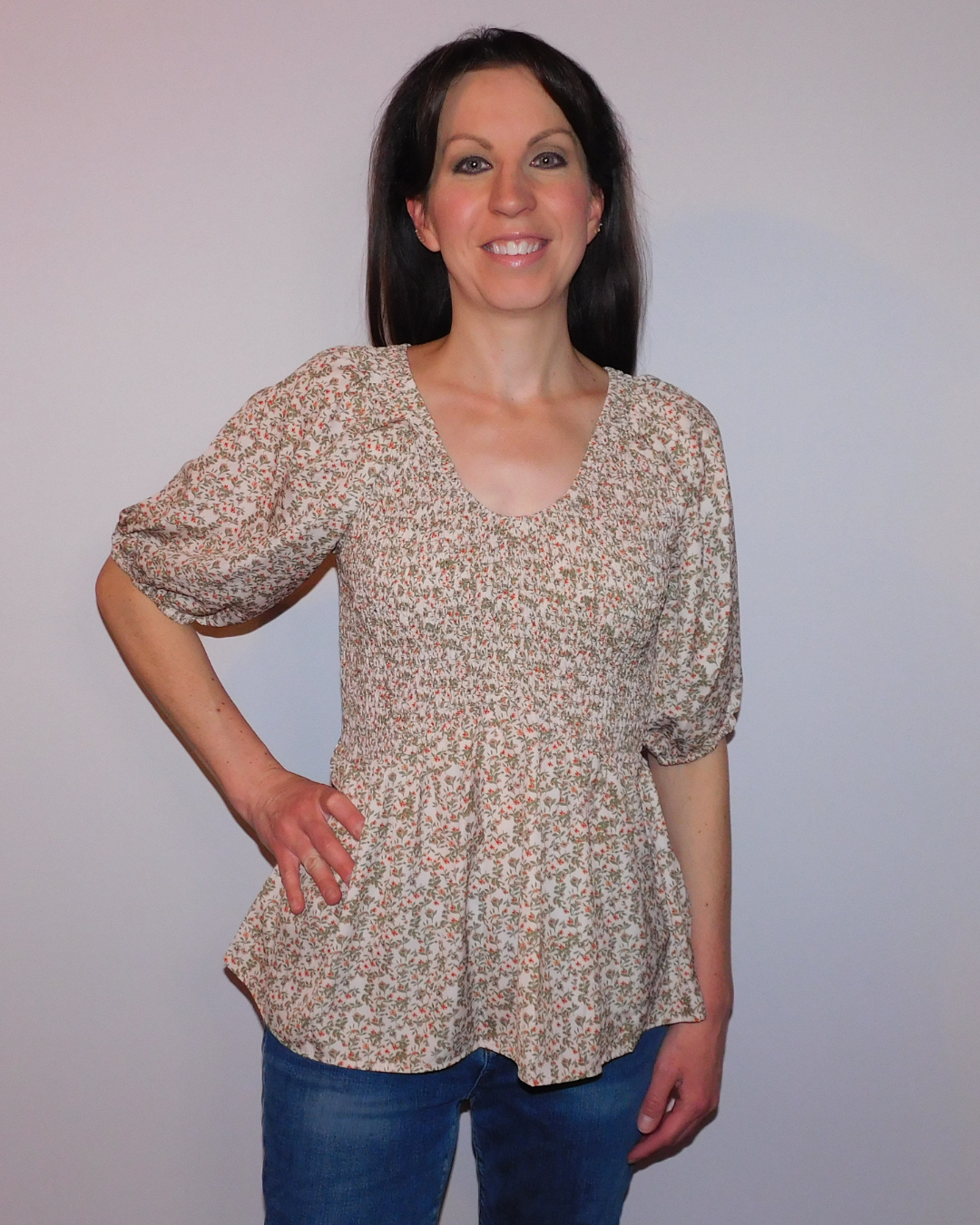 Floral peplum top, smocked v-neck blouse, puff sleeve floral shirt, women's spring fashion, smocked waist top, floral print blouse, puff sleeve peplum, dressy casual tops.