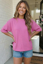 Pink oversized sweater, boxy knit top, cropped pink sweater, bubblegum pink knitwear, dolman sleeve sweater, women's short sleeve sweater, effortless spring fashion, pink boho sweater.
