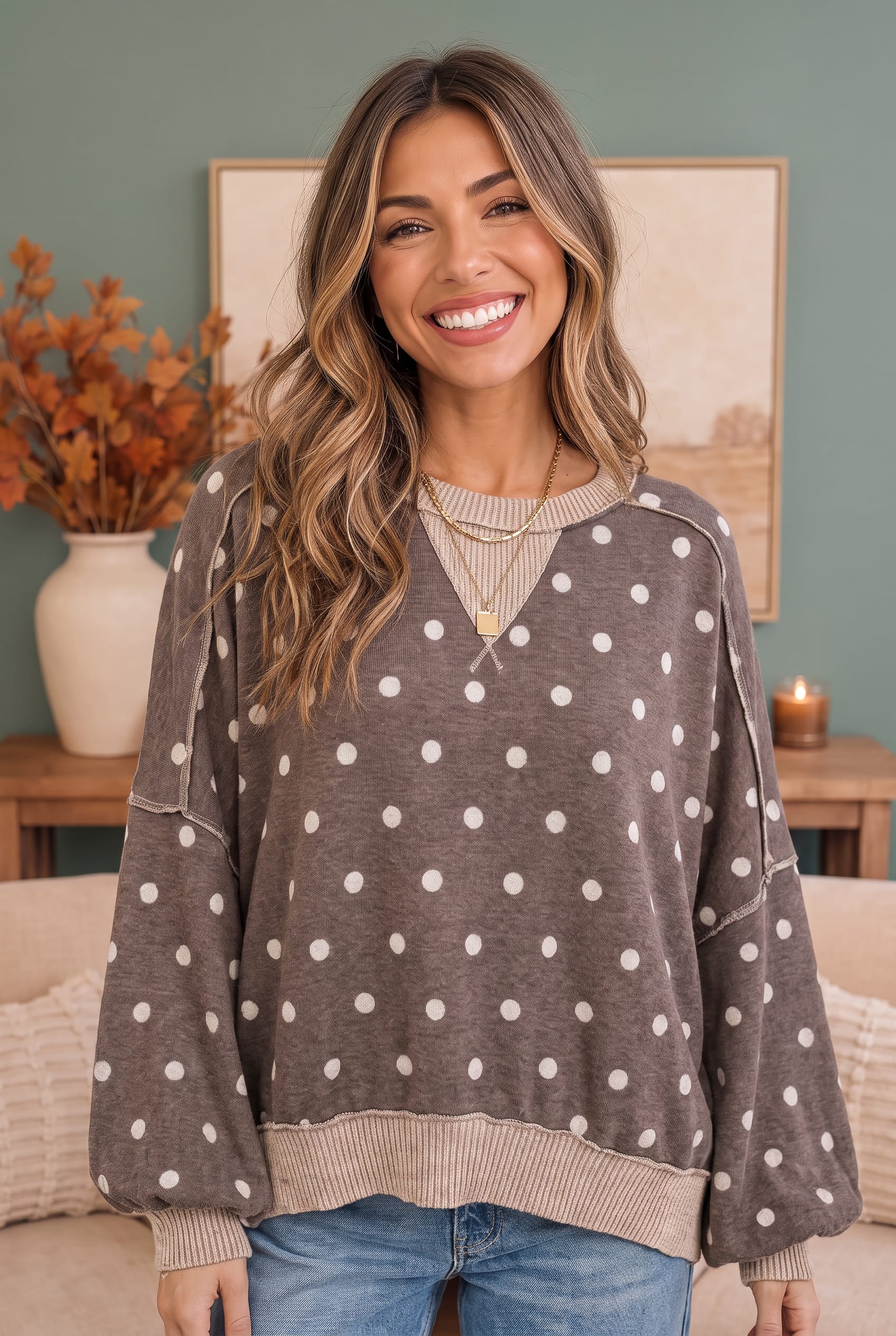 Oversized pullover, polka dot sweater, brushed knit top, balloon sleeve sweater, women's loungewear, cozy fall fashion, boxy fit pullover, trendy knitwear.