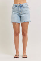 Judy Blue Shorts, Dad Shorts, Mid-Rise Denim Shorts, Distressed Jean Shorts, Rigid Magic Denim, Women's 4-Way Stretch Shorts, Evelyn Judy Blue, Summer Wardrobe Staples, Raw Hem Denim.