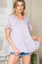 Ruffle sleeve top, floral V-neck shirt, women’s swing top, loose fit casual tee, Made in USA clothing, lavender floral blouse, rayon spandex top, feminine short sleeve shirt.