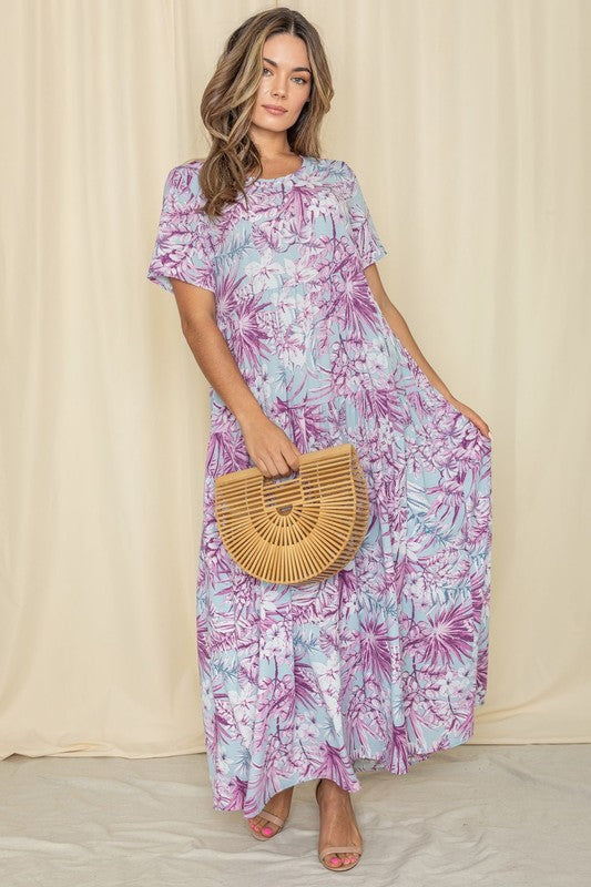 Tropical Maxi Dress, Tiered Floral Dress, Summer Vacation Outfit, Flowy Beach Dress, Women's Resort Wear, Purple Floral Maxi, Bohemian Tropical Style