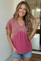 Berry pink top, mixed media blouse, striped v-neck top, ruched sleeve shirt, women's casual tops, textured berry blouse, boho v-neck top, summer casual fashion, rosy pink shirt.