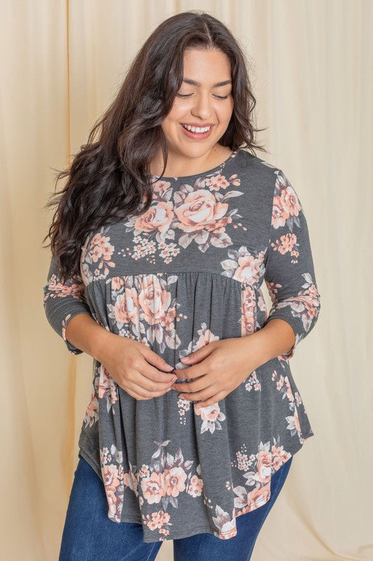plus size floral tunic, curved hem top, babydoll tunic for women, plus size boho top, made in USA women's clothing, 3/4 sleeve floral top, flattering plus size tops, boutique floral tunic