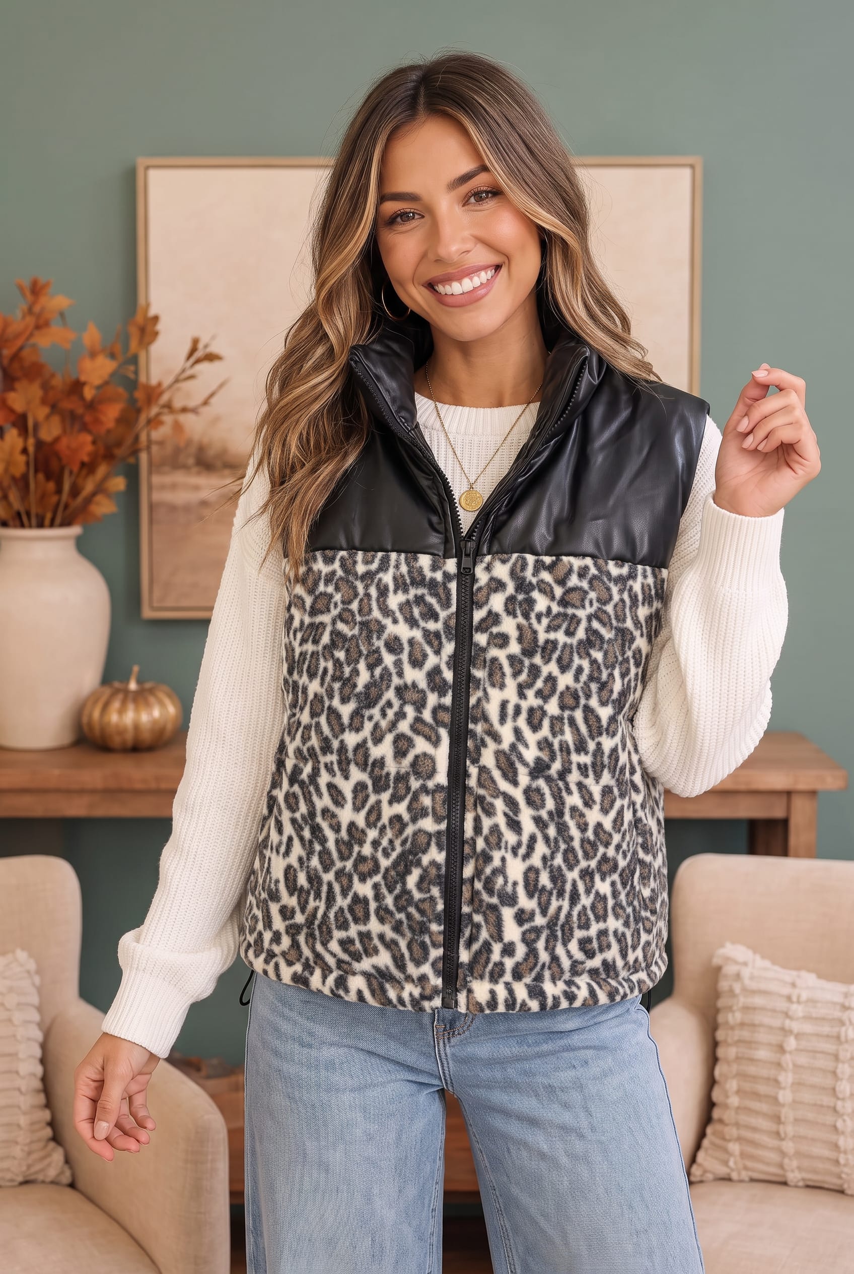 leopard print vest, women's puffer vest, faux leather vest, animal print fleece, fall layering pieces, chic winter outerwear, sleeveless puffer jacket