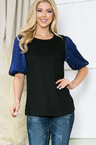Royal blue top, metallic bubble sleeves, pleated sleeve knit, women’s dressy tops, made in USA clothing, stretchy evening top, metallic knit shirt, chic party wear.