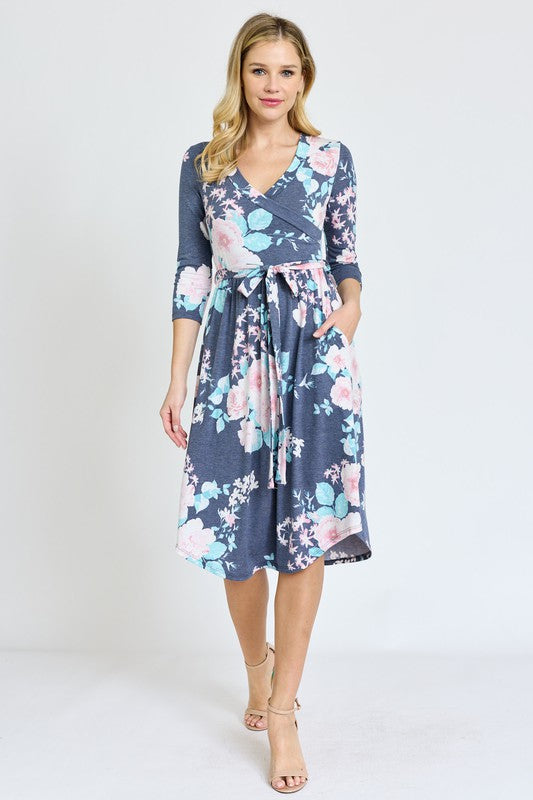 Floral midi dress, surplice wrap dress, women’s dress with pockets, USA made clothing, sash waist midi, comfortable floral dress, elegant day-to-night dress.