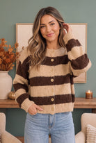 striped cardigan, cropped knit sweater, chocolate brown cardigan, women's fall fashion, chunky knit sweater, fuzzy button-up cardigan, boho autumn sweater