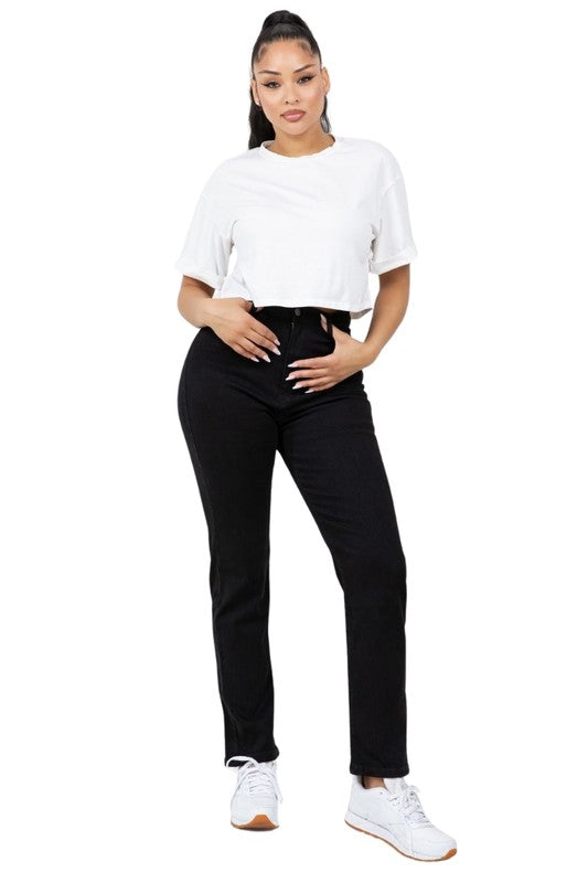 High-waisted mom jeans, black tapered jeans, USA made denim, cropped mom jeans, premium stretch denim, 12 inch rise jeans, slimming black jeans.