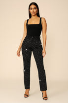 Rhinestone jeans, black mom jeans, high waisted embellished denim, sparkle jeans, Made in USA denim, cropped black jeans, premium stretch denim, party wear jeans, rhinestone skinny jeans.