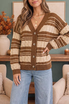 oversized cardigan, cable knit sweater, striped cardigan, brown and cream sweater, women’s button-front cardigan, fall knitwear, cozy winter layers