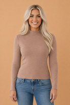 mock neck top, ribbed knit shirt, long sleeve mock neck, women's essential tops, fitted knit top, viscose spandex shirt, base layer top, chic everyday wear