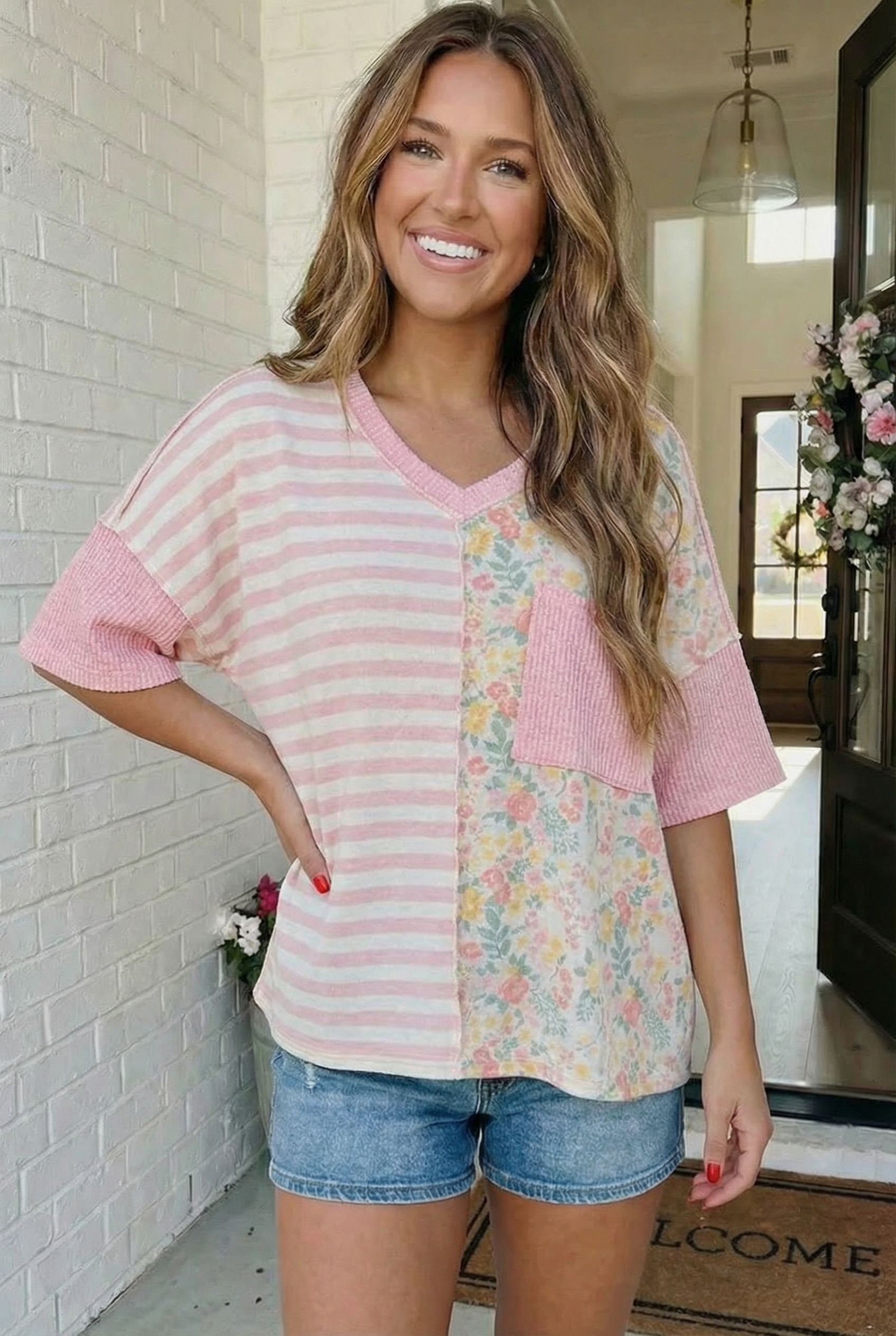 Floral print top, striped knit shirt, women's mixed print V-neck, casual short sleeve top, pink stripe floral tee, relaxed fit knit, boutique summer tops.