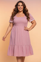 plus size midi dress, swiss dot dress, smocked bodice dress, square neck dress, curvy fashion, flowy tiered dress, plus size summer dress, elegant pink dress