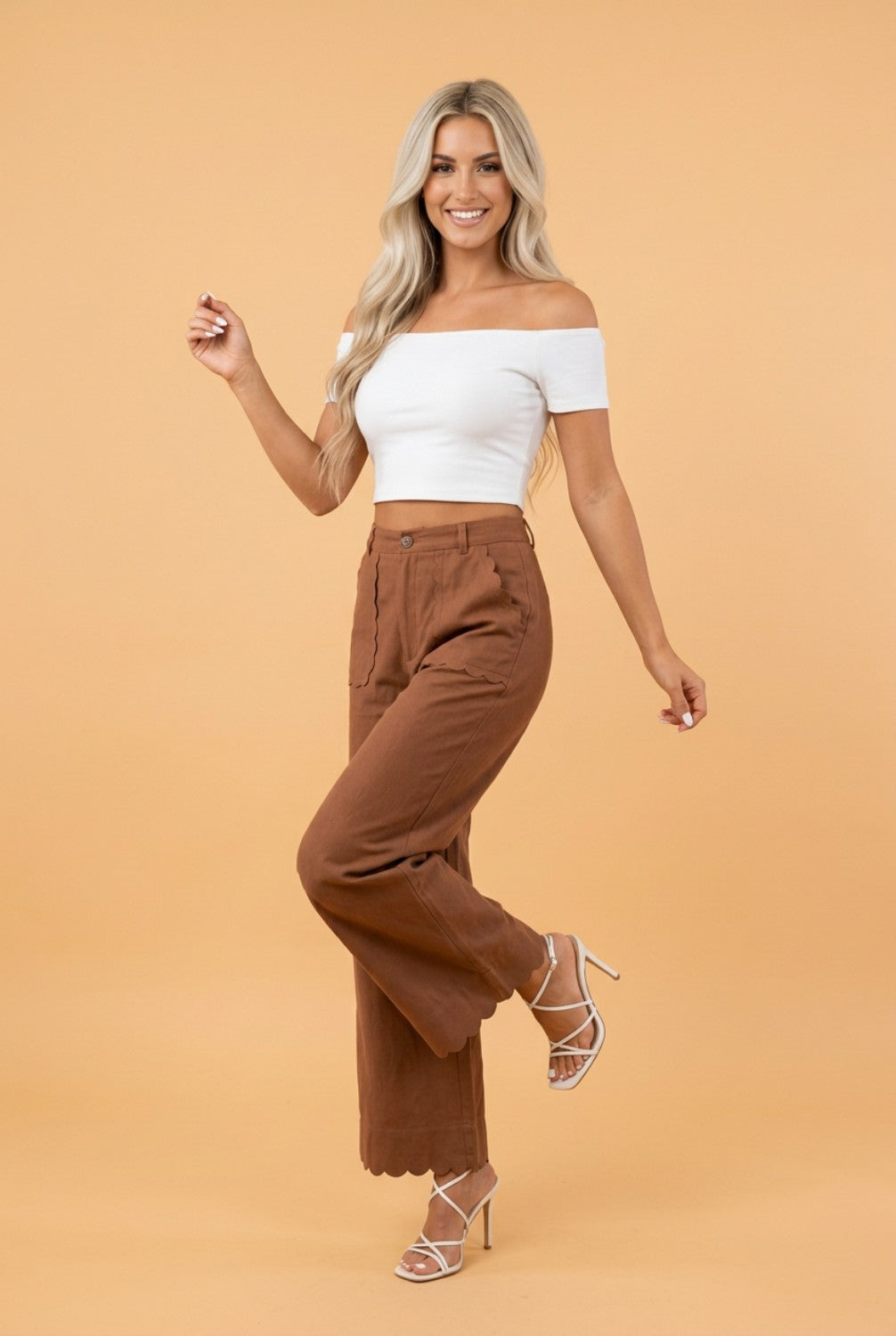 scalloped pants, high waisted trousers, wide leg pants, feminine workwear, scalloped hem pants, pocketed trousers, women's fashion, breathable stretch pants