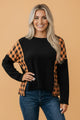 Halloween top, pumpkin patchwork shirt, women's gingham top, orange plaid long sleeve, festive autumn apparel, holiday patchwork blouse, spooky season fashion.