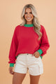 Wine Polka Dot Trim Oversized Mock Neck Sweatshirt