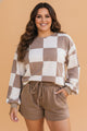 Plus size matching set, checkered lounge set, women's sporty co-ord, curve racing style, plus size athleisure, checkered long sleeve top, drawstring shorts set, trendy plus size fashion.