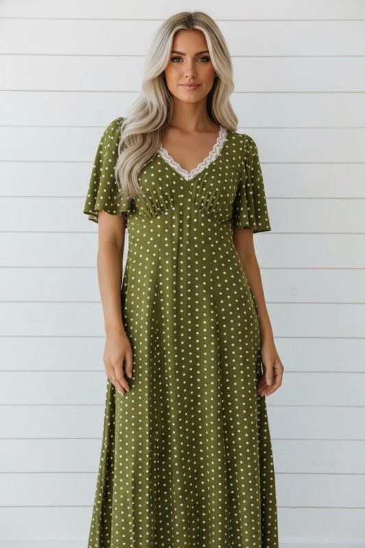 Boho maxi dress, polka dot dress,  waist dress, lace V-neck dress, olive green maxi, summer boho fashion, 100% viscose dress, flowy feminine dress.