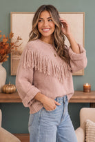 Blush pink sweater, fringe knit sweater, waffle knit top, oversized women's sweater, boho chic knitwear, pink oversized knit, cozy fall fashion, fringe pullover.