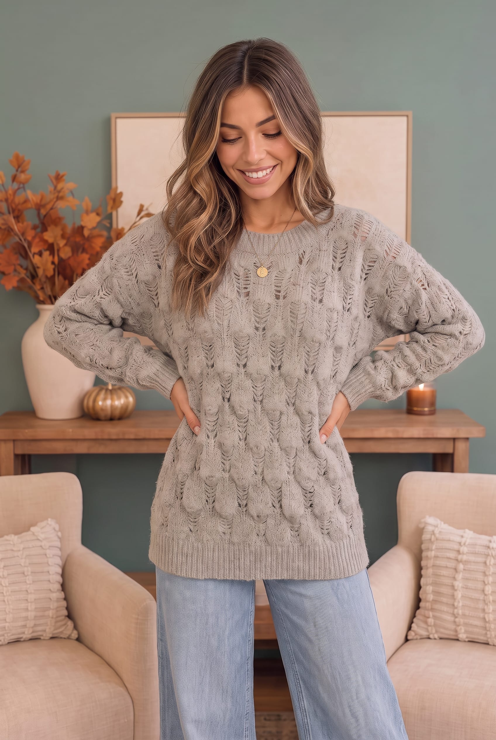 Oversized taupe sweater, pointelle cable knit, women's cozy knitwear, relaxed fit pullover, taupe neutral sweater, breathable cable knit, boho fall fashion.