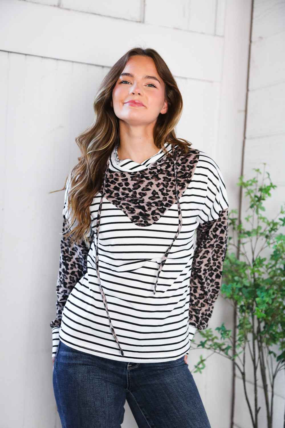 Animal and Stripe Print  Hoodie