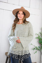 heather olive leopard trim lace detail sweater