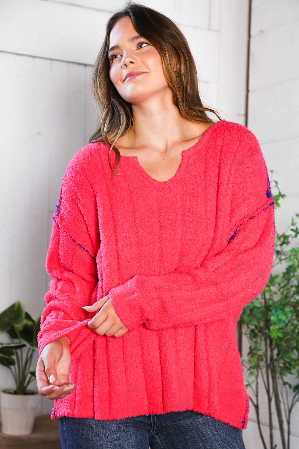 hot pink thick ribbed sweater