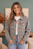 Floral denim jacket, vintage rose print, light wash trucker jacket, women's denim outerwear, pink rose jacket, feminine denim jacket, spring floral jacket, FabKnits denim.