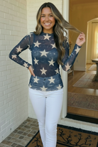 Women's mesh top, star print shirt, sheer long sleeve, vintage style top, celestial clothing, layering mesh top, Y2K aesthetic, breathable mesh blouse, Star Gazer top.