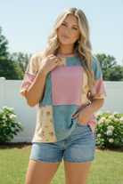 patchwork floral top, waffle knit tee, women’s boho pastel shirt, vintage floral patchwork, relaxed fit waffle top, mixed media clothing, raw edge seam top