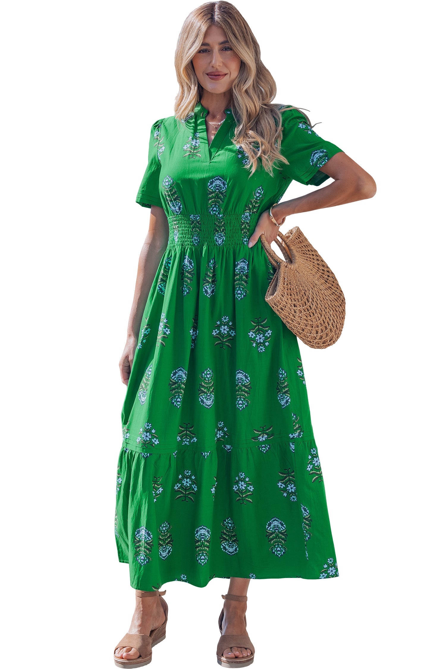 Floral Split Neck Shirred High Waist Maxi Dress  Fabulous Knits