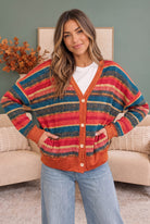 Oversized Cardigan, Herringbone Sweater, Fall Fashion, Striped Cardigan, Women's Knitwear, Rust Sweater, Cozy Layering Piece, Button Down Cardigan.