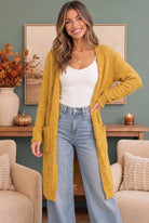 Mustard cardigan, longline duster, popcorn knit sweater, women's fall fashion, yellow knit cardigan, oversized duster, cozy winter layers, open front cardigan.