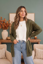 olive green cardigan, pointelle knit sweater, longline cardigan for women, lightweight fall sweater, open front cardigan, olive sweater with pockets, cozy knit layering piece.