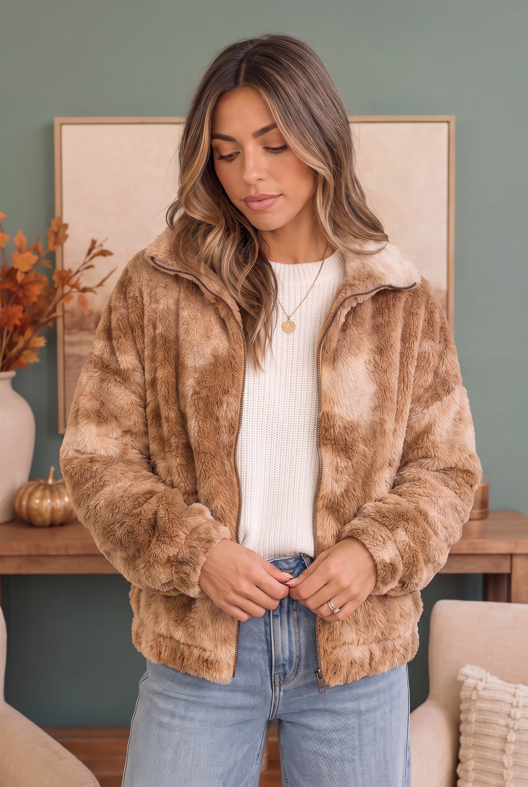 Faux fur jacket, women’s plush bomber, camel faux fur zip up, cozy cloud jacket, neutral outerwear, luxe teddy jacket, women's winter fashion.