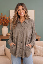 Womens shacket, mocha jacket, oversized shirt jacket, knit shacket, fall fashion, ribbed knit outerwear, warm mocha shacket, brushed knit cardigan.