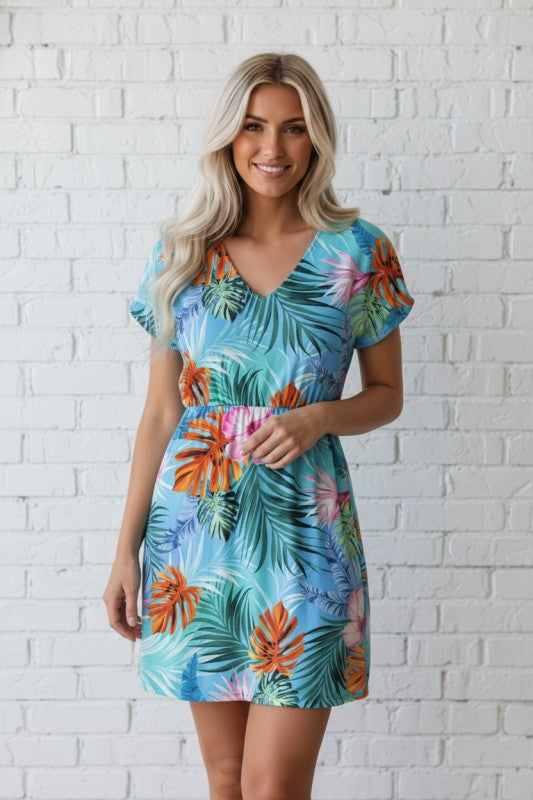 beach cover up, tropical summer dress, resort wear, palm print cover up, swimsuit wrap, V-neck beach dress, vacation outfits, lightweight swimwear, poolside fashion.