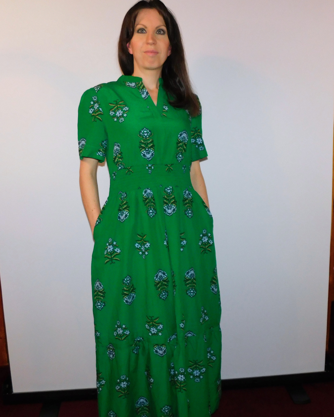 floral maxi dress, green floral dress, shirred waist dress, cotton viscose maxi, spring garden party dress, split neck dress, boho maxi dress green, summer floral dress, ruffle hem maxi.