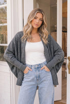 gray oversized cardigan, batwing sleeve sweater, heather gray wrap, open front cardigan, cocoon knit sweater, women’s cozy loungewear, soft knit wrap