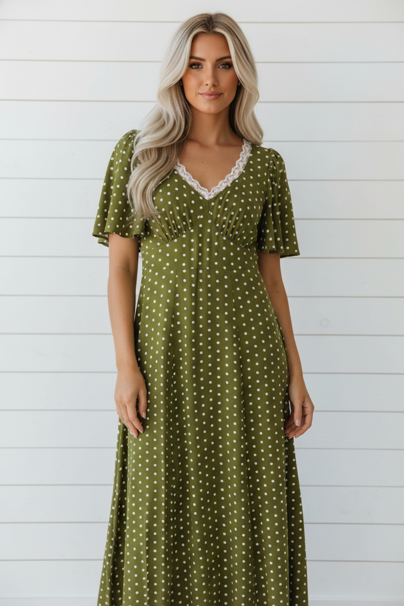 boho maxi dress, olive green polka dot dress, lace trim v-neck dress, smocked back maxi, breathable viscose dress, flutter sleeve summer dress, cottagecore style dress