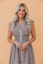 Gingham maxi dress, plaid summer dress, zipper front dress, cinched waist maxi, sleeveless plaid dress, garden party outfit, women's summer fashion, cotton blend maxi, flattering smocked waist dress.