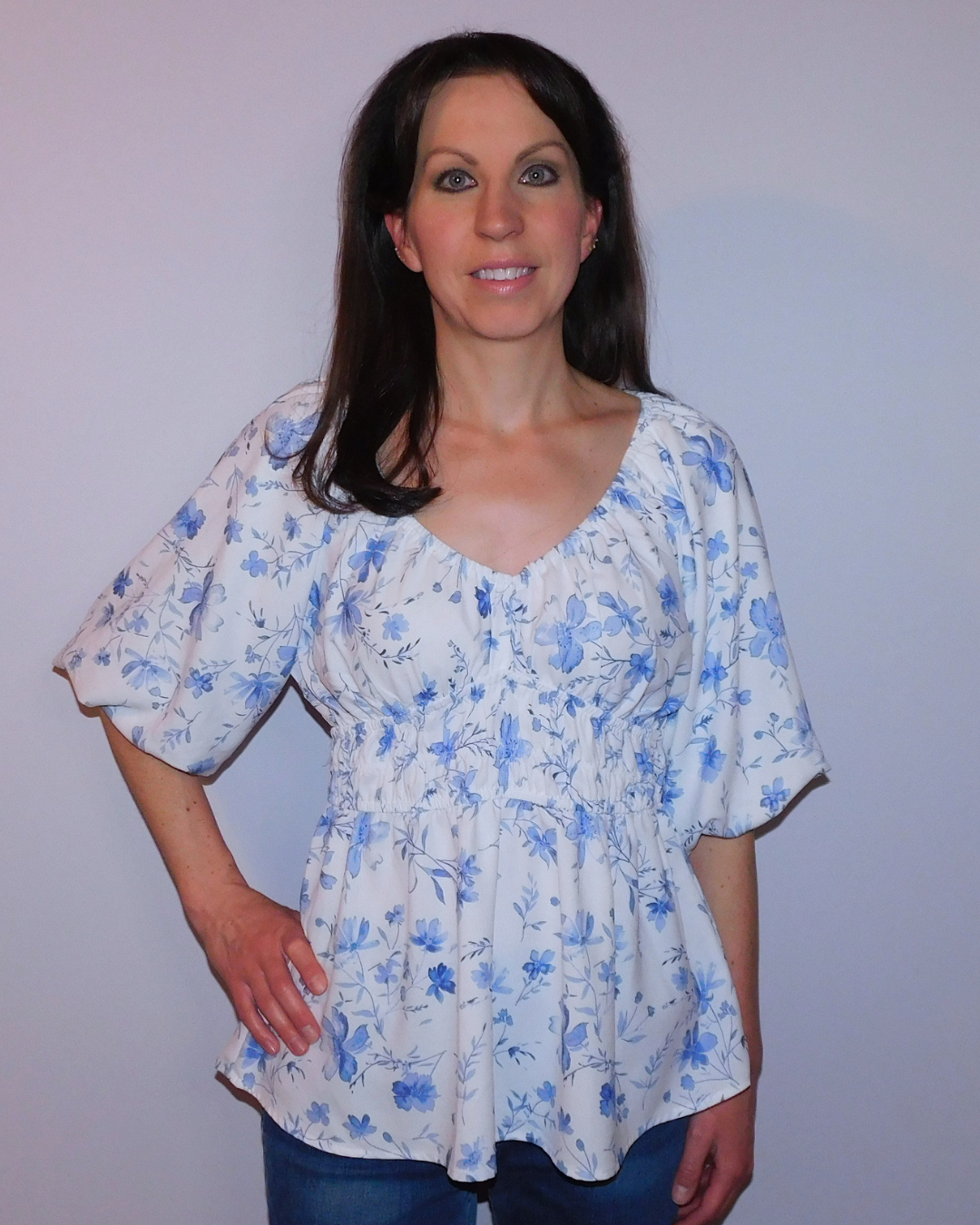 floral peplum blouse, bubble sleeve top, babydoll floral shirt, feminine summer tops, blue floral blouse, romantic puff sleeve top, Sunday in Provence blouse, women's floral tops