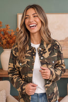 Women's Camo Jacket, Cropped Utility Jacket, Olive Green Outerwear, Cotton Camo Jacket, Military Style Jacket, Fashion Camo Print, Lightweight Cropped Jacket, FabKnits Outerwear.