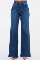 high rise wide leg jeans, dark blue stretch denim, made in USA jeans, Olivia wide leg, premium women's denim, flattering high waisted jeans, dark wash wide leg